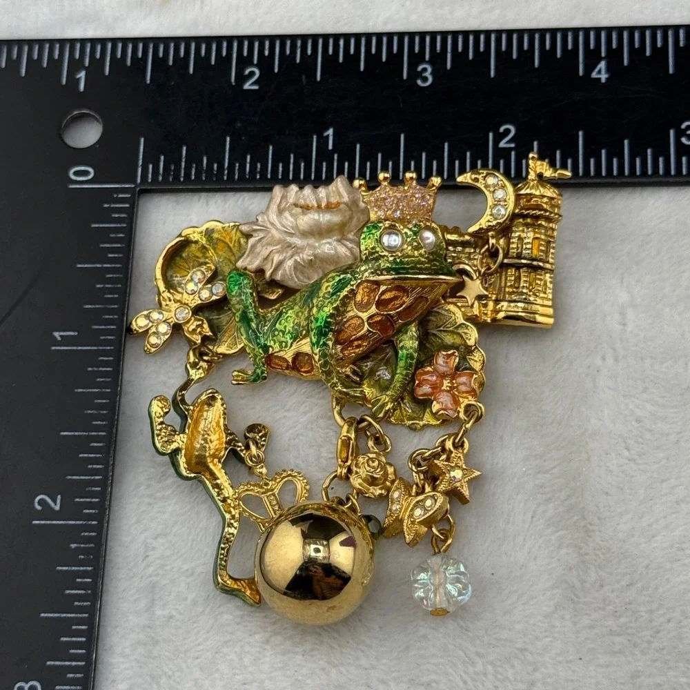 Vintage Kirks Folly Frog Prince Brooch Gold Tone Enamel Rhinestone Signed